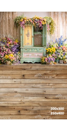 Tło fotograficzne „Miętowa komoda wśród kolorowych kwiatów” | E826